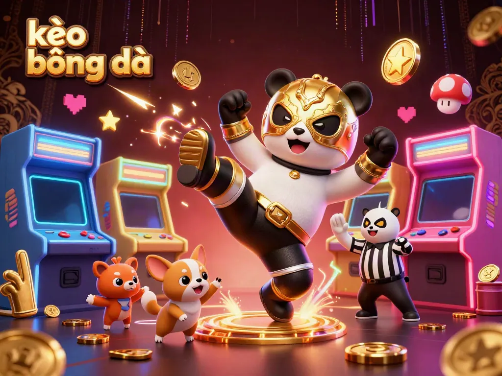 Engaging kèo bóng đá scene featuring a flying panda wrestler, game elements, and lively spectators.