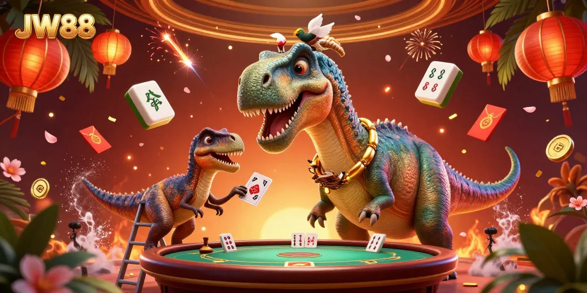 Experience JW88 with a whimsical scene featuring a brontosaurus and clever raptor in a vibrant casino atmosphere.