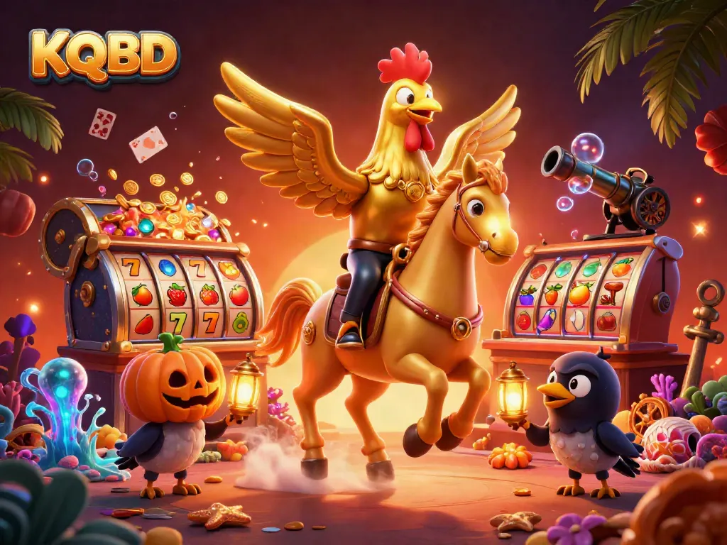 KQBD captures a golden rooster with glowing head in a casino scene filled with vibrant gaming elements.