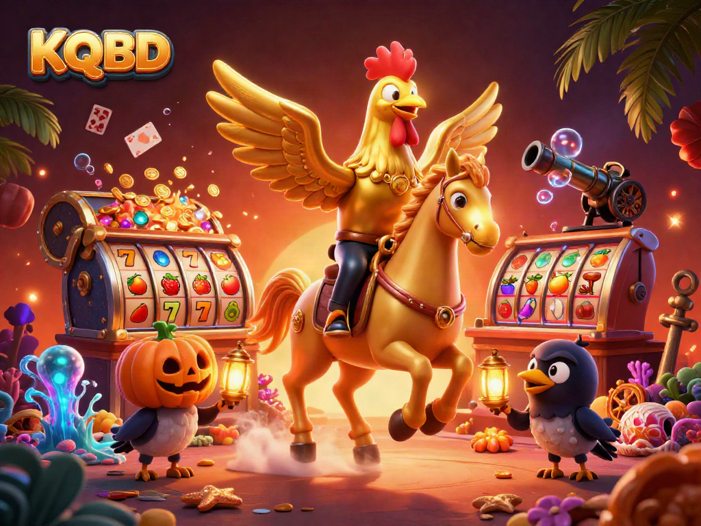 KQBD captures a golden rooster with glowing head in a casino scene filled with vibrant gaming elements.