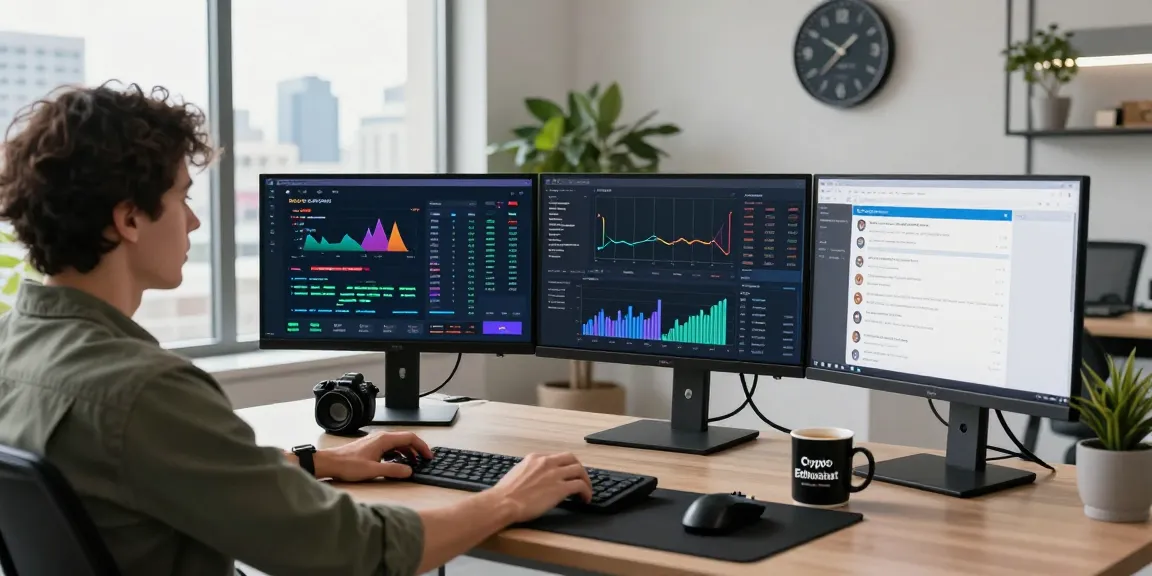 Dynamic tech workspace scene featuring bungeeexchange interface on multiple monitors with vibrant trading visuals.
