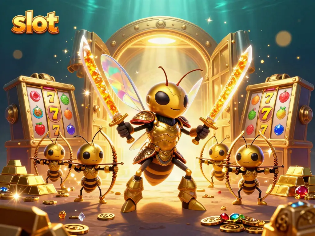 Spin the reels in a vibrant slot machine casino scene with dynamic 3D characters and golden treasures.