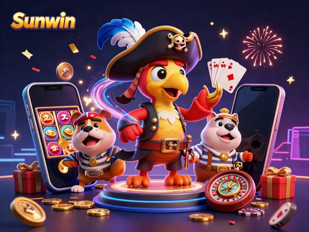 Engage with Sunwin's thrilling adventure featuring vibrant characters and dynamic gaming elements in an exhilarating casino scene.
