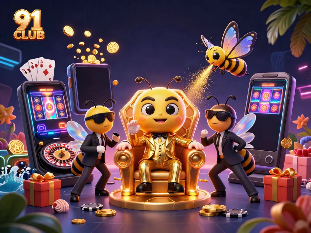 Engage with 91 CLUB's vibrant casino scene featuring animated characters, dynamic games, and exciting gameplay.