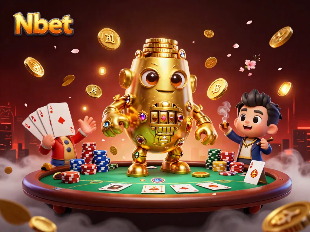 Nbet showcases thrilling gameplay with a golden golem and poker elements, featuring vibrant casino action.
