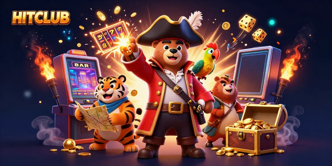 Experience HITCLUB's thrilling jackpot scene with pirate characters and dynamic casino elements.
