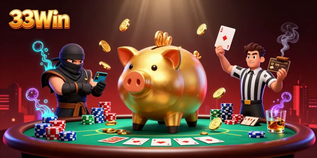 Experience the thrilling gameplay at 33Win with vibrant casino characters engaging in a dynamic poker scene.