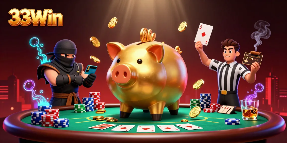 Experience the thrilling gameplay at 33Win with vibrant casino characters engaging in a dynamic poker scene.