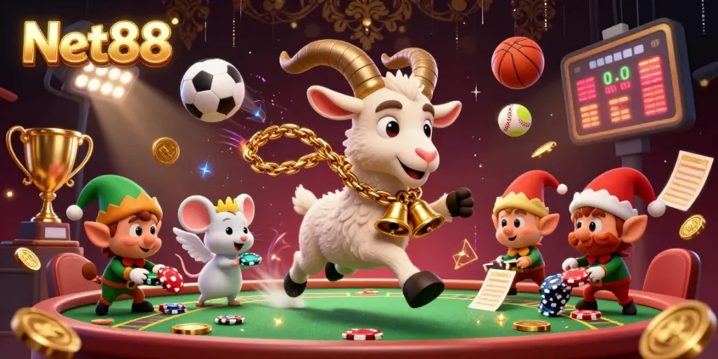 Engage with Net88's thrilling sports action amidst quirky characters in an electrifying casino scene.