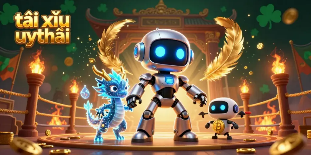 Tài xỉu uy tín scene featuring a cyberpunk robot, an AI dragon, and a bitcoin drone in an exciting gambling atmosphere.