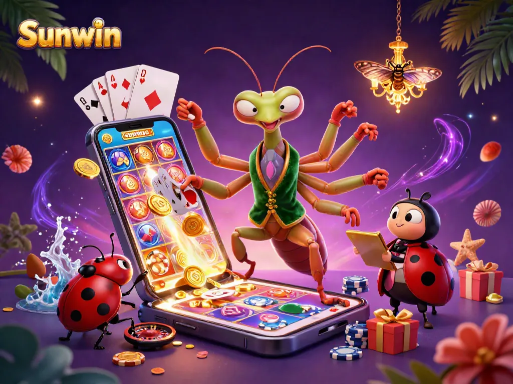 Win big with Sunwin as a giant mantis deals cards in a vibrant casino scene.