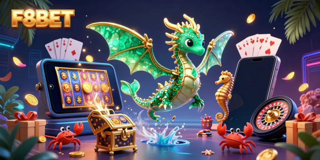 Experience the thrill of F8BET with a vibrant 3D casino scene featuring a majestic sea dragon and gaming elements.