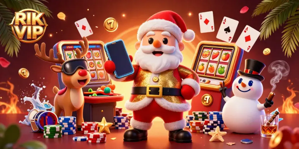 Experience the excitement of RIK VIP with Santa, reindeer, and a snowman in a vibrant casino setting.