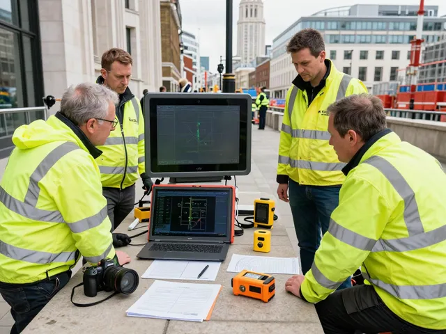 Underground Utility Survey London conducted by a professional team using GPR equipment amidst urban London.