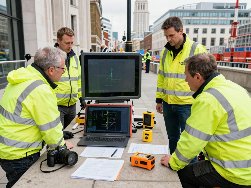 Underground Utility Survey London conducted by a professional team using GPR equipment amidst urban London.