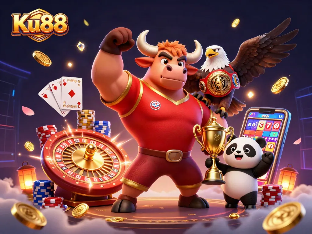 Engage with Ku88's thrilling casino experience as a bull mascot celebrates victory amid flying coins and gaming elements.