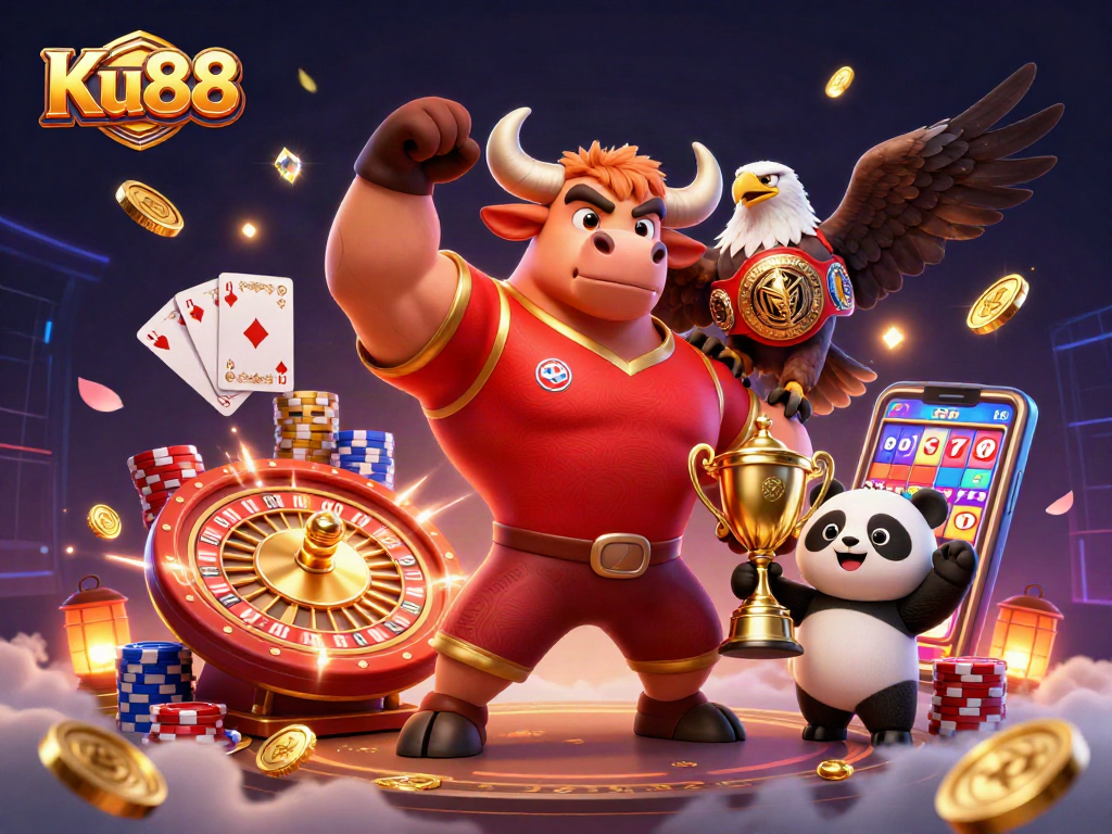 Engage with Ku88's thrilling casino experience as a bull mascot celebrates victory amid flying coins and gaming elements.