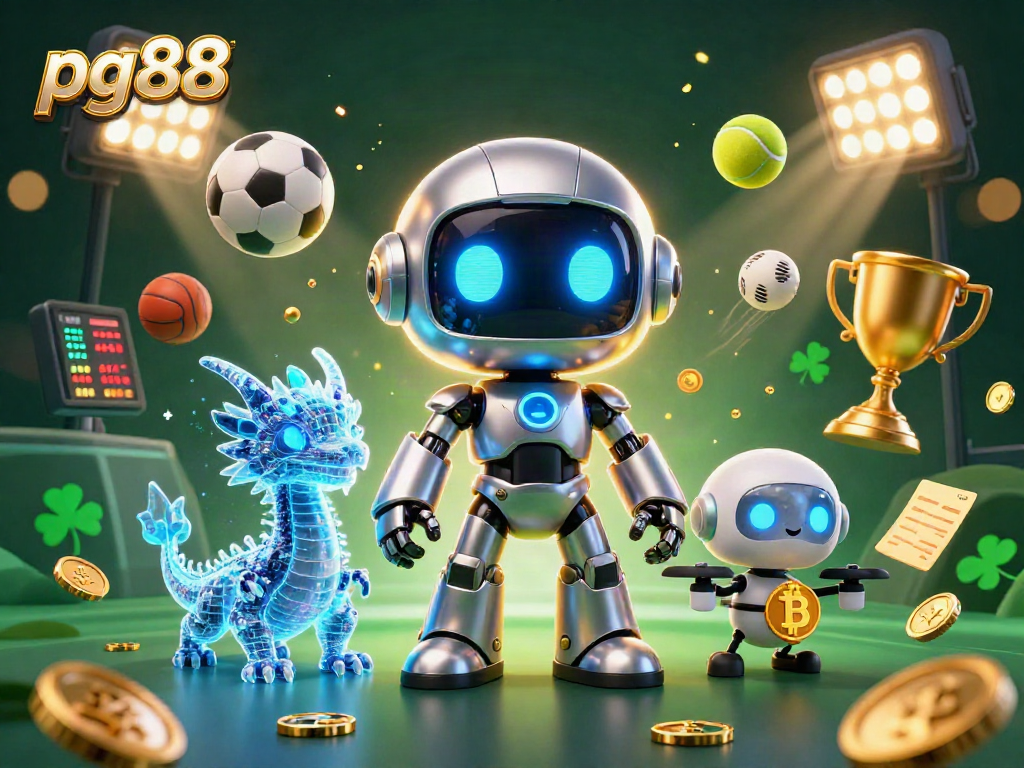 Engage in thrilling gaming experiences at pg88 with a vibrant 3D illustration showcasing robots and excitement.