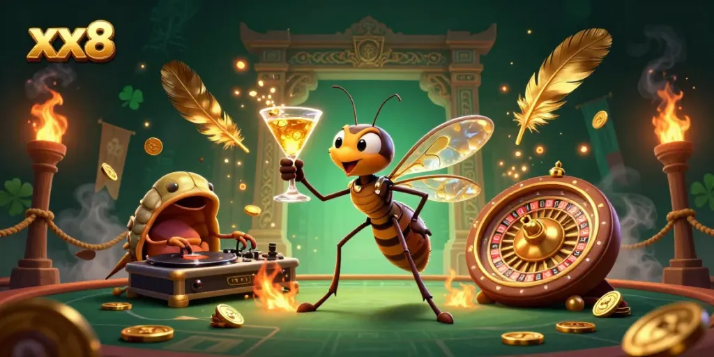 Experience thrilling xx8 action with a frozen-in-amber mosquito casino mascot and dynamic roulette scene.