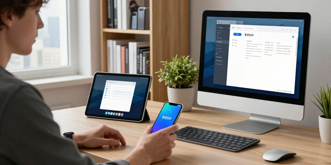 在现代办公环境中，使用爱思助手连接iPhone与电脑的用户，桌上有其他Apple设备和技术书籍。