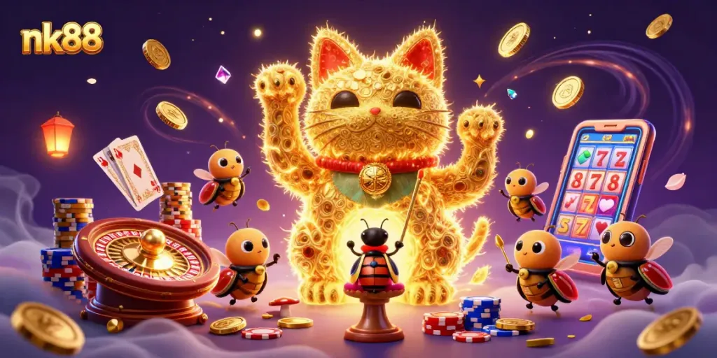 Experience exciting moments at nk88 with vibrant game elements, lucky symbols, and joyful characters in this 3D illustration.