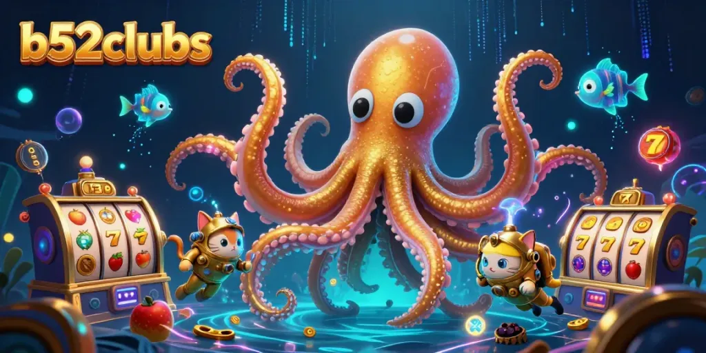 Experience thrilling wins with b52clubs' colossal kraken and diving cat in a vibrant casino scene.