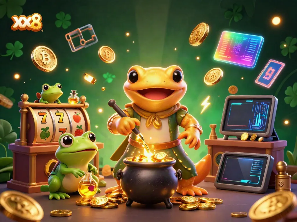 Experience the exciting world of xx8 with a vibrant casino-themed digital illustration featuring an alchemist, frog, and newts.
