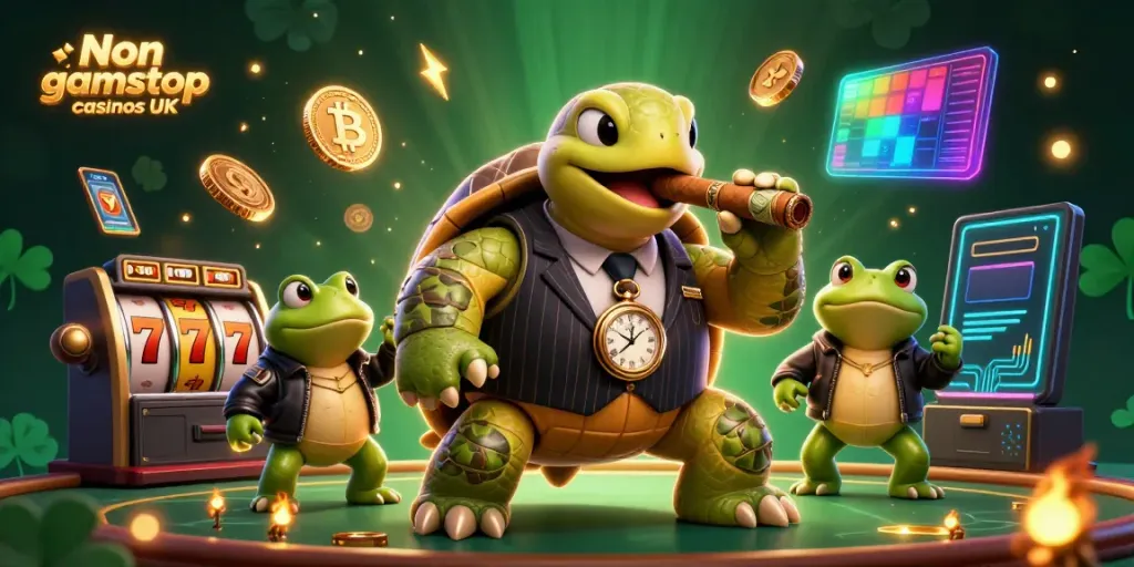 Engage with Non gamstop casinos UK through vibrant casino elements featuring a cartoon turtle and bullfrogs.