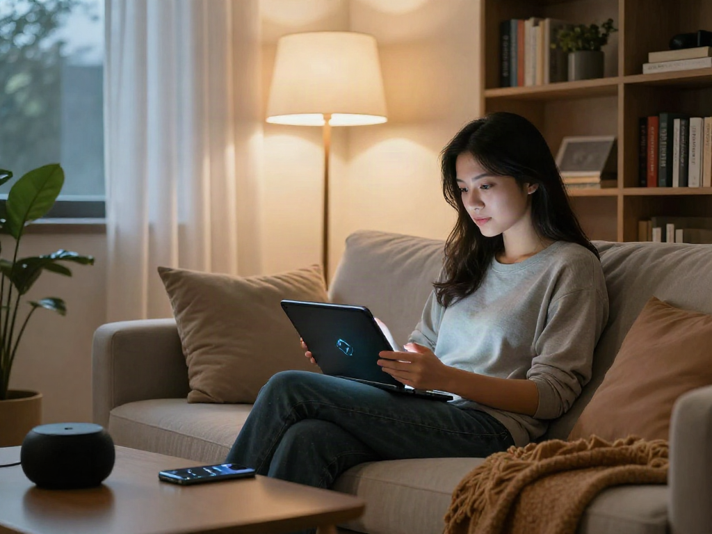 Engaging NSFW AI chat scene in a cozy environment with modern furnishings and warm lighting.