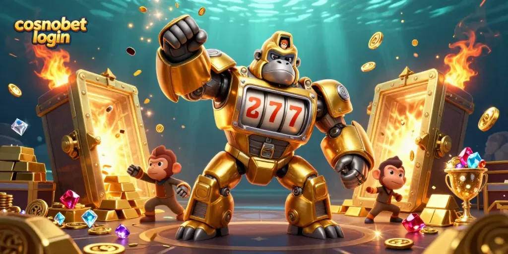 Engage in cosmobet login with vibrant 3D illustration of a golden mech amid casino treasures.
