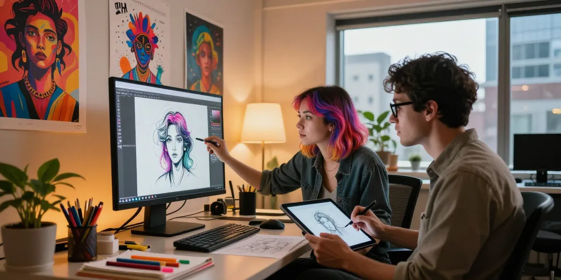 Creating AI NSFW art in a vibrant digital studio with professionals collaborating.