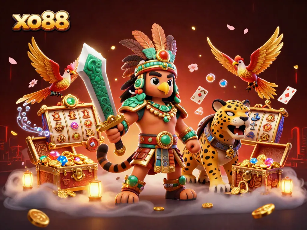 Experience thrilling gameplay at xo88 with cartoon warriors and slots in a vibrant casino scene.