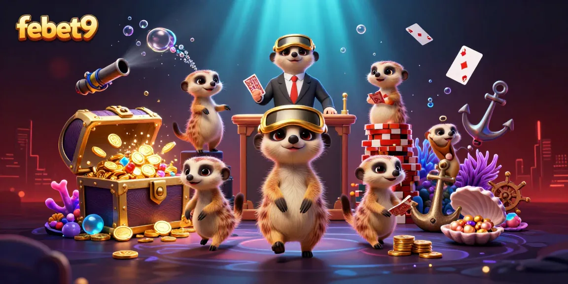 Experience the vibrant febet9 casino with meerkats managing games and treasure amidst colorful gems.