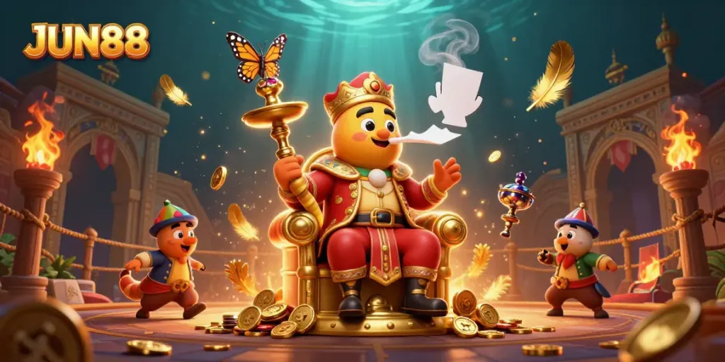 Experience JUN88's vibrant gaming scene with a 3D illustration of a whimsical caterpillar master and casino symbols.