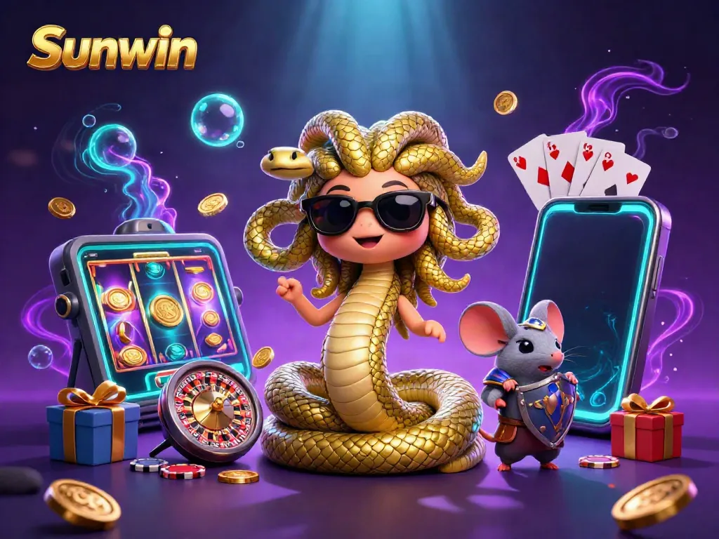 Win big with Sunwin in a vibrant casino illustration featuring Medusa and a warrior mouse.