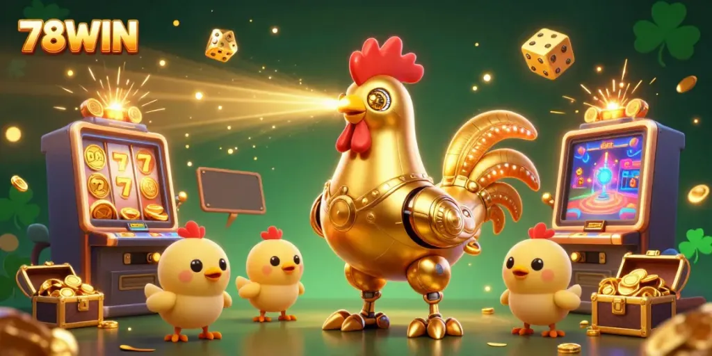 Engage in thrilling gaming with 78WIN's dynamic 3D illustration of a golden rooster robot amidst a jackpot explosion.