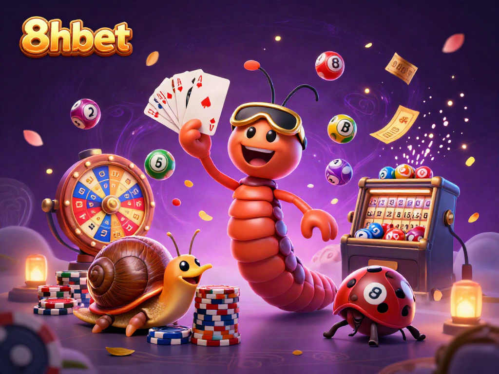 Watch the vibrant, animated characters of 8xbet celebrate big wins in a colorful casino scene.
