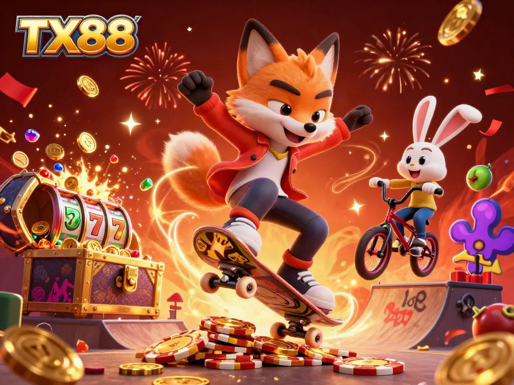 TX88 gaming scene showcasing a cartoon fox and rabbit doing tricks over golden poker chips with sparkling casino elements.
