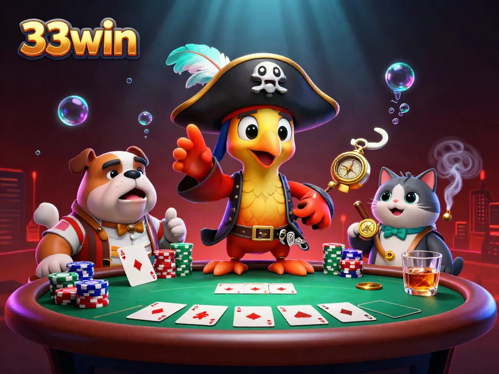 Engage with the thrilling scene of 33win featuring pirates at a dynamic poker table, showcasing vibrant game elements.