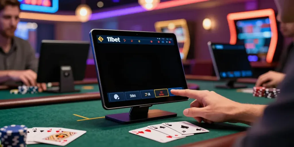 Engaging user experience on the 11bet app in a lively casino setting with cards and chips.