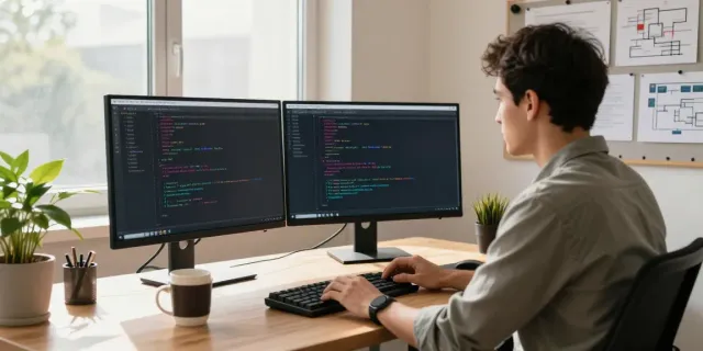 Developer working on instant indexing software in a modern office.