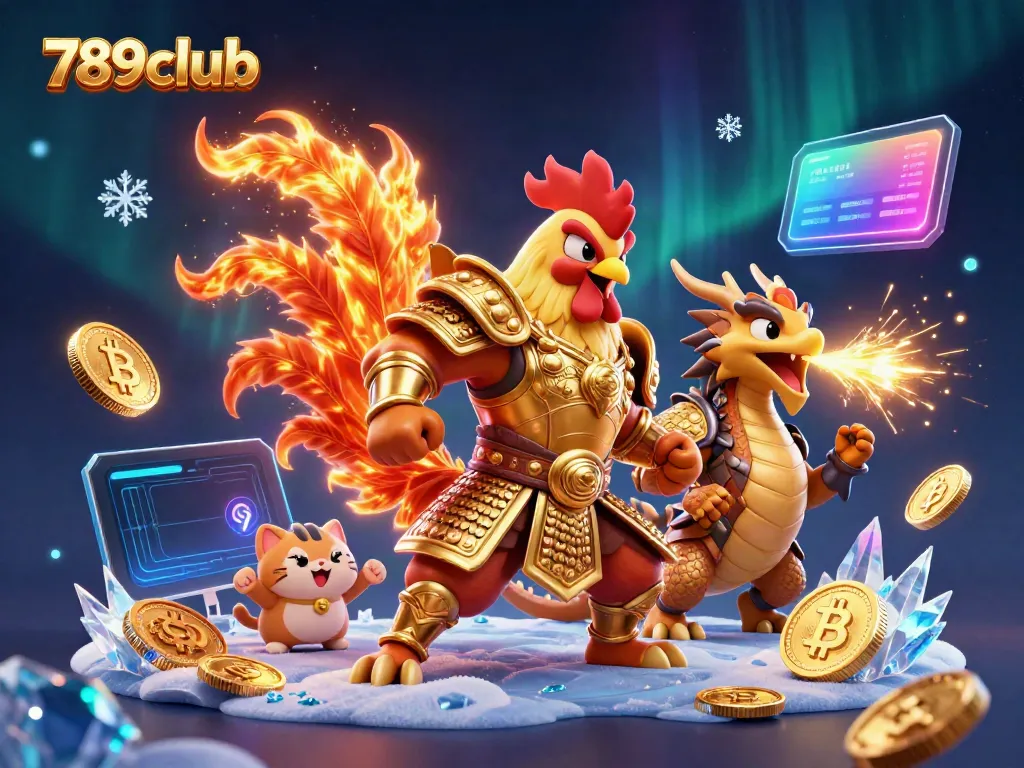 Engage in thrilling action at 789club with an illustrated scene featuring a battle-ready rooster, a dragon hatchling, and crypto elements.