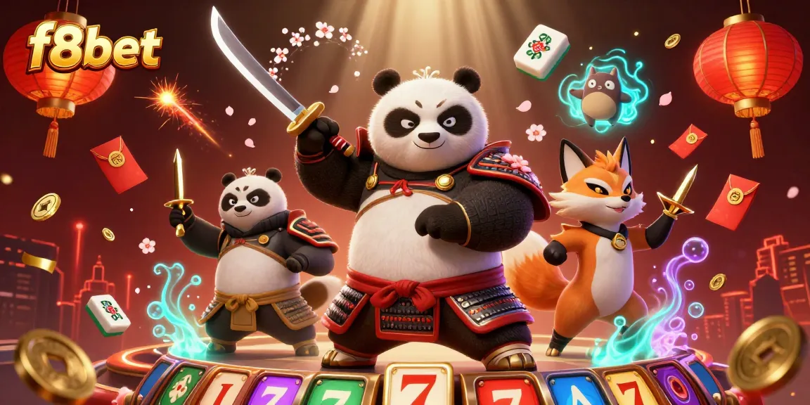 F8bet spins fortune with a fierce panda samurai and a ninja fox in an energetic casino scene.