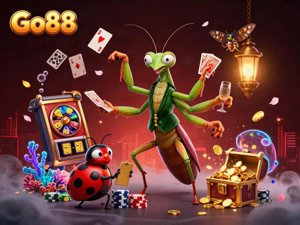 Experience thrilling gaming action with Go88's vibrant casino scene featuring dynamic characters and stunning game elements.