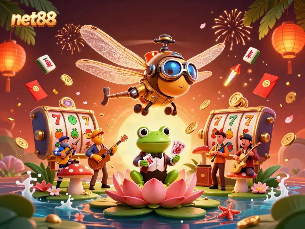 Experience the thrill of net88 with a dynamic 3D casino scene showcasing vibrant action and lively characters.