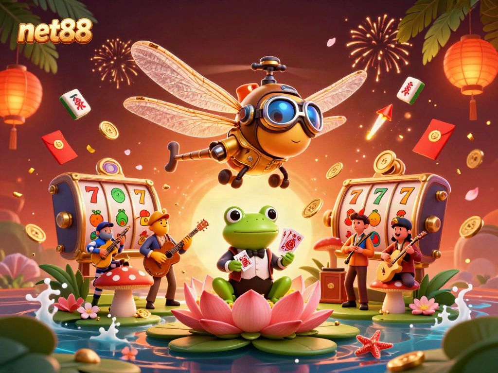 Experience the thrill of net88 with a dynamic 3D casino scene showcasing vibrant action and lively characters.