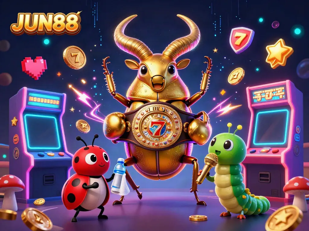 Engage with JUN88's vibrant 3D casino illustration featuring a golden stag beetle boxing champion and dynamic game elements.