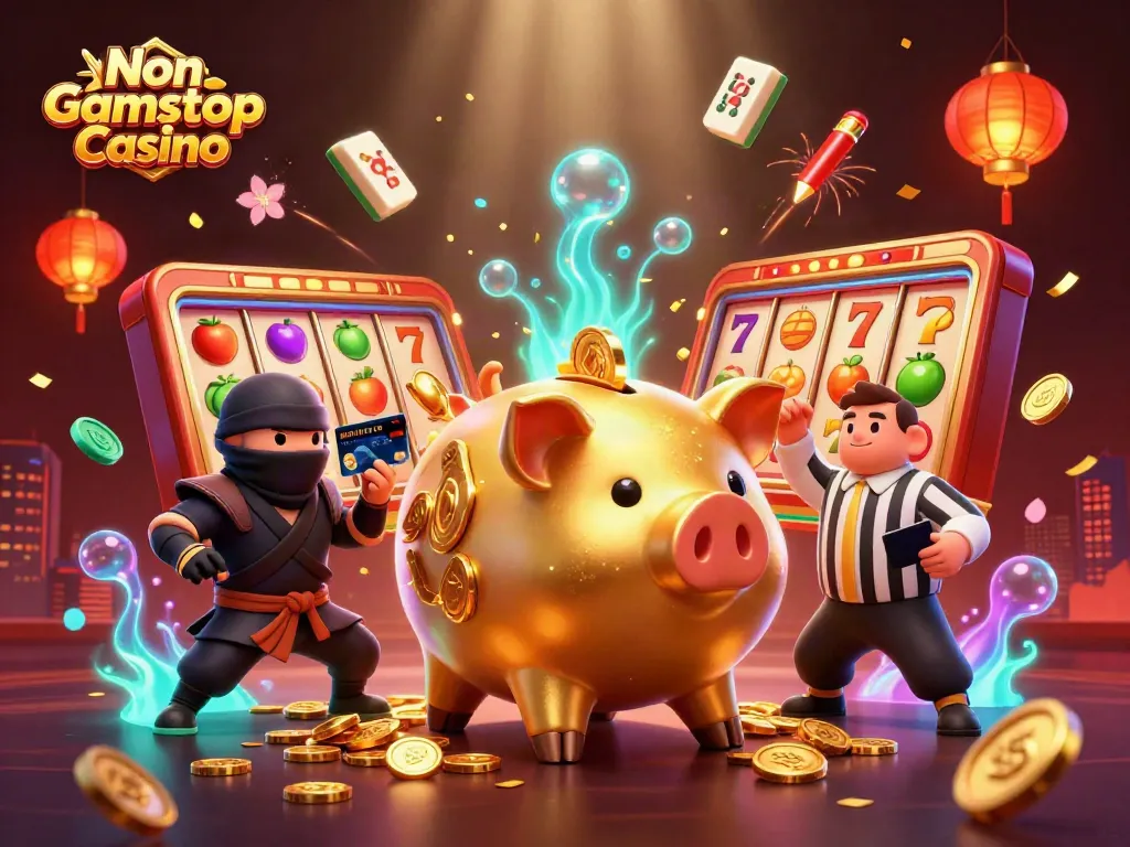 Engaging scene of vibrant Non Gamstop Casino characters in a dynamic environment filled with slot machines and festive decor.