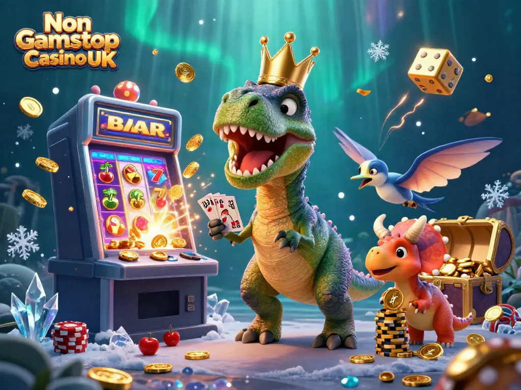 Experience the excitement of Non Gamstop Casino UK with a lively T-Rex shuffling cards and friends at a vibrant slot machine.