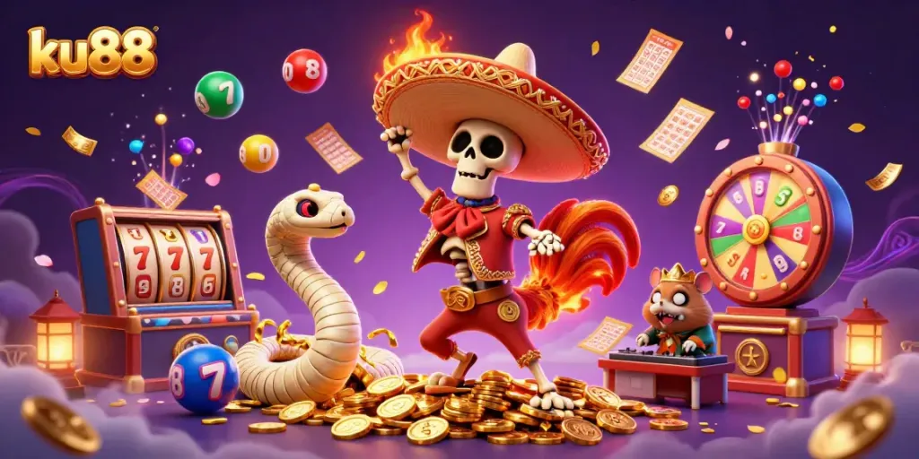 Bet on the thrilling victory dance of ku88's mariachi rooster, on a mound of coins amidst casino excitement.